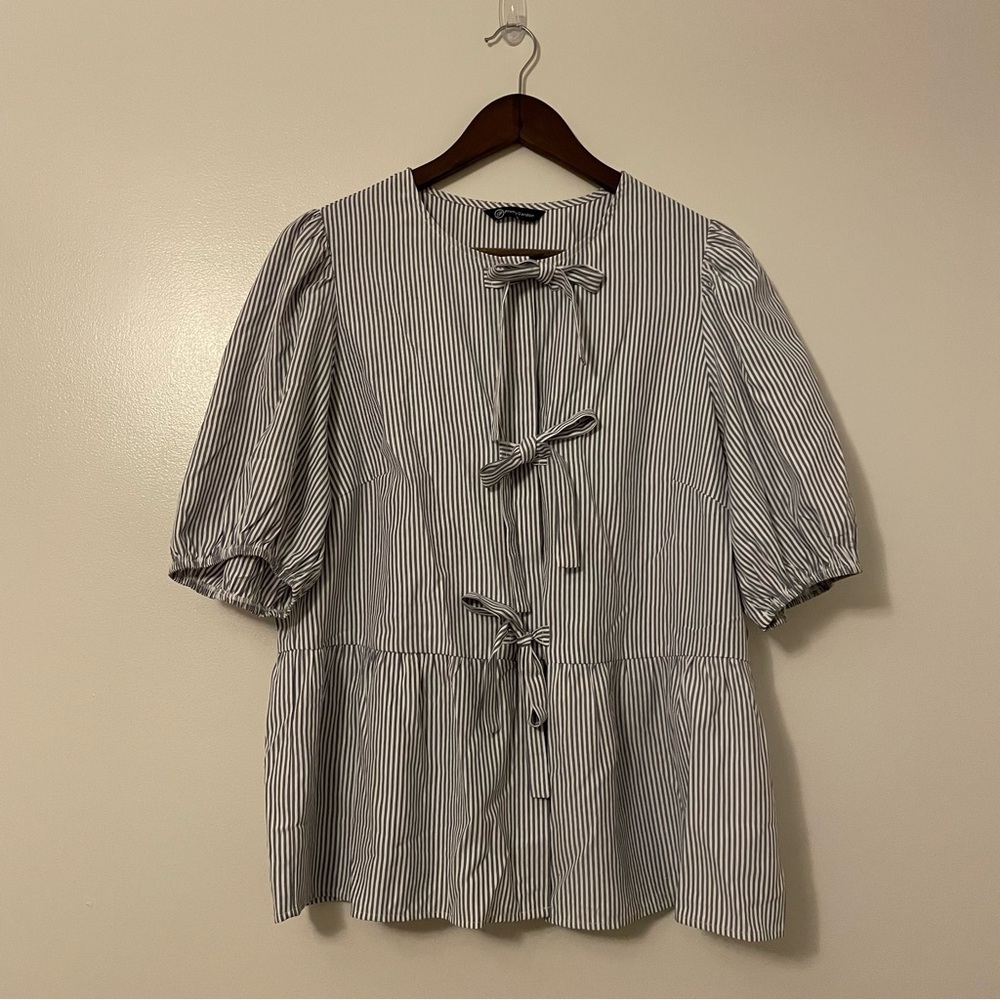 PrettyGarden Faux Bow Tie Button Up Striped Puff Sleeve Cottagecore Top